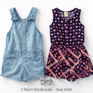 Girls Summer Short Set Bundle Denim Romper + Lily Bleu 2PC Set Size 6/6X